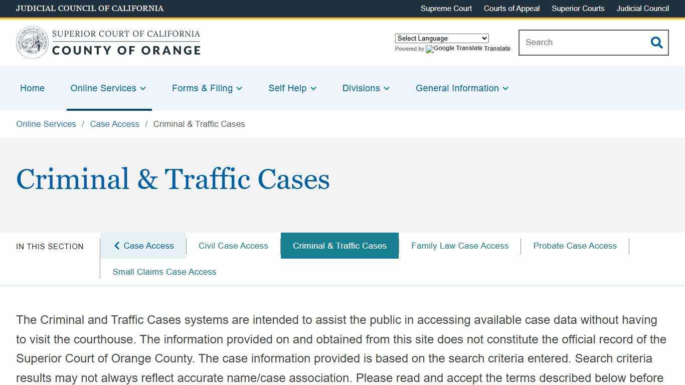 Criminal & Traffic Cases Superior Court of California County of Orange